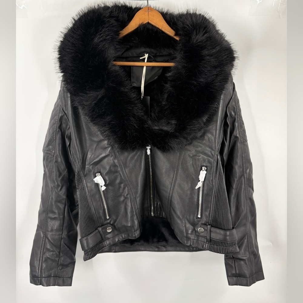 NWT Bellivera Faux Fur Black Leather Moto Biker Jacket size Large